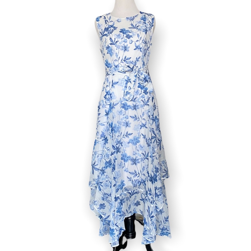 Calvin Klein Blue Floral Asymmetrical Handkerchief Hem Dress